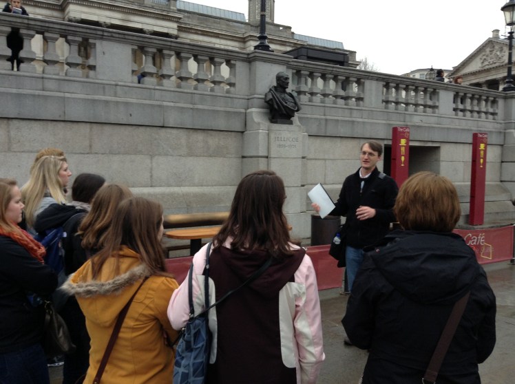 Teaching our first class of the trip, in Trafalgar Square