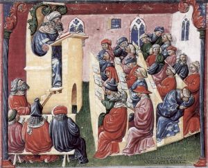 14th century lecture, as painted by Laurentius de Voltolina