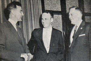 Clarion photo of Eugene McCarthy with Wally Peterson and McCarthy's 1956 challenger, Edward Slettedahl