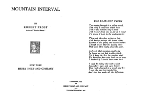 The title page of Frost's 1916 collection, Mountain Interval, with the poem in italics