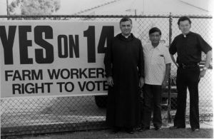 Cesar Chavez with two priests in 1976