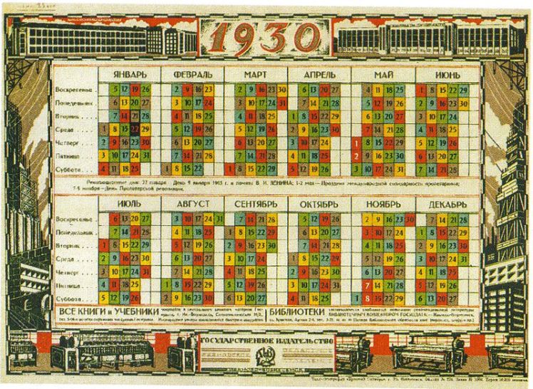 Soviet calendar from 1930 with five-day weeks