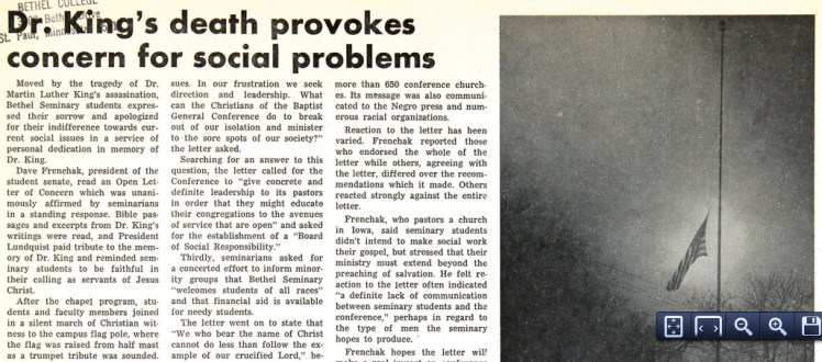 Clarion article on Bethel student reaction to the assassination of Martin Luther King, Jr.