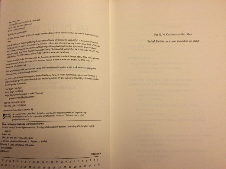 Dedication page of our Pietist vision book: "For G.W. Carlson and the other Bethel Pietists on whose shoulders we stand"