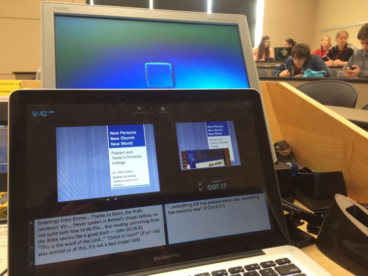 My laptop as people gathered for the "New Persons, New Church, New World" talk