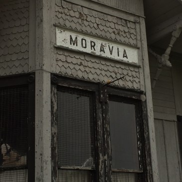 Sign for the old train depot at Moravia, Iowa
