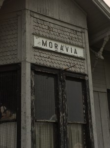 Sign for the old train depot at Moravia, Iowa
