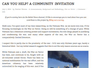 Fletcher's July 2014 blog post soliciting comments from readers who had been at Bethel during the War on Terror