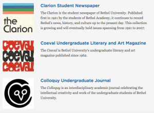 Some of the collections in the Bethel University Digital Library