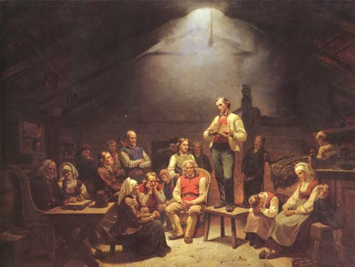 A Haugean (Norwegian Pietist) conventicle studying the Bible