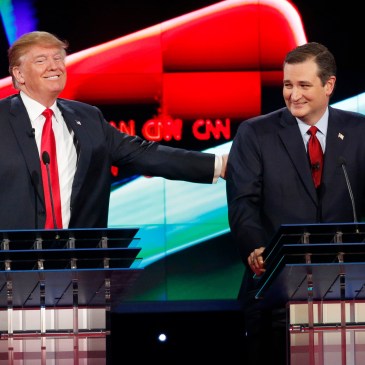 YouTube screen cap of Donald Trump and Ted Cruz at a January 2016 debate