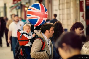 Father and son with Union Jack balloon