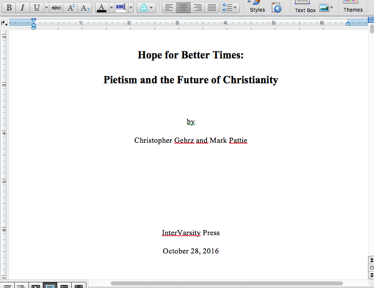 Screen shot of the manuscript for our new book on Pietism and the future of Christianity