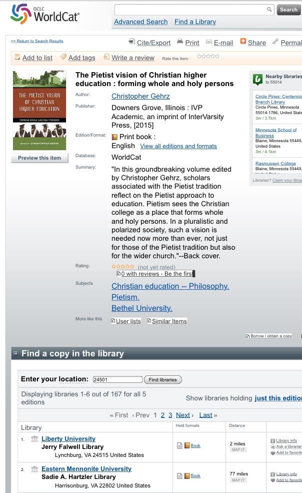 WorldCat record showing The Pietist Vision of Christian Higher Education at Falwell Library, Liberty University