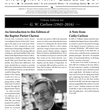The cover page of the Feb. 2017 issue of The Baptist Pietist Clarion