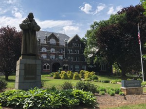 Comenius statue in front of Comenius Hall