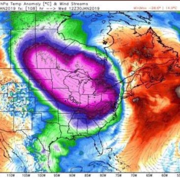 Weather map showing the polar temperatures that settled over the Midwest in late January 2019
