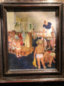 Painting of children in a British nursery school during WWII