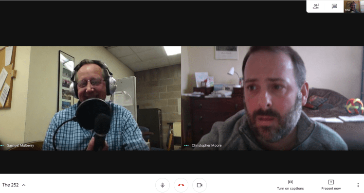 Screen shot of us recording the episode on a Google Hangout Meet