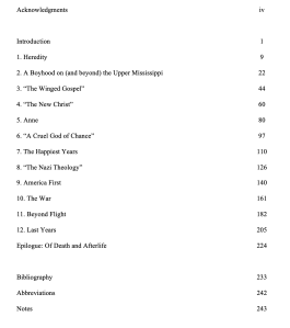 table of contents for the July 2020 manuscript of my Lindbergh biography