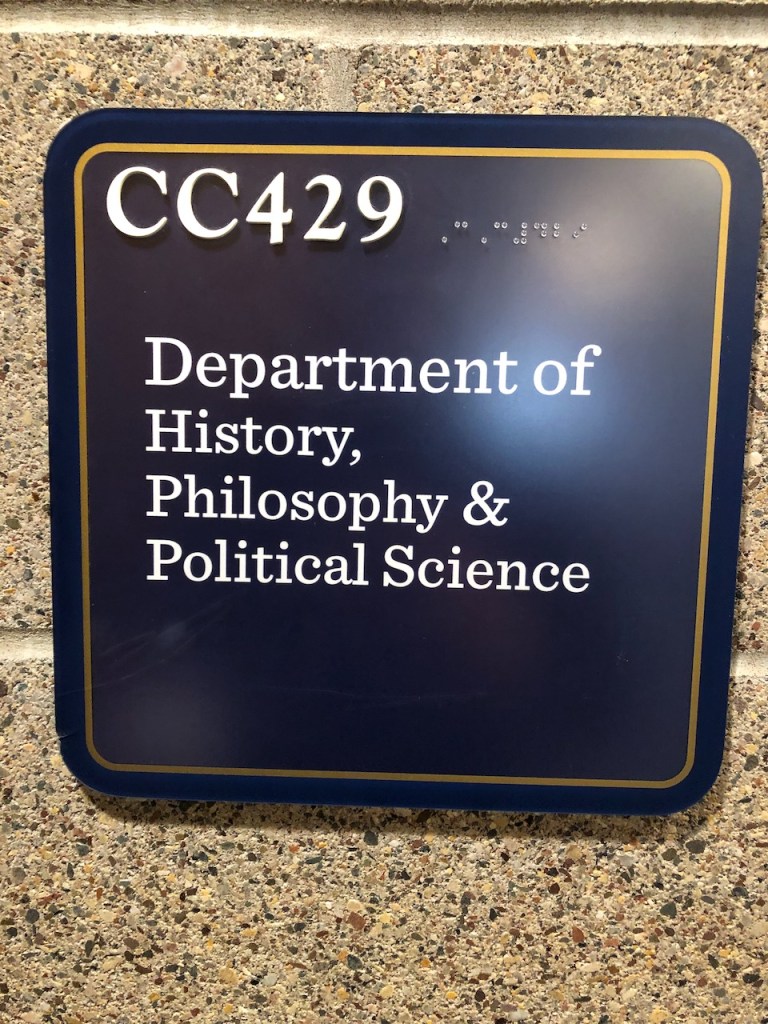 The door sign at Bethel University (MN) for the Department of History, Philosophy, and Political Science